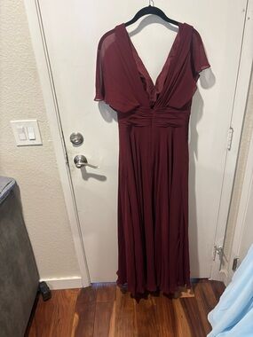 Azazie Burgundy Chiffon V-Neck Maxi with Flutter Sleeves